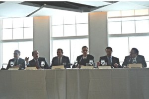 TRANSIT TALKS—The panel discussing the future of public transportation in Hudson County at the New Jersey Gold Coast and Spring Multifamily Summit included Port Authority economist Alexander Heil (third from right) and NJ Transit senior director John Leon (second from right).